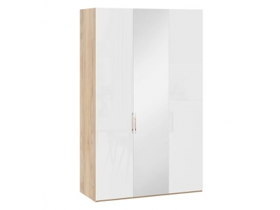 Шкаф комбинированный Эмбер с 2 глухими и 1 зеркальной дверями Яблоня Беллуно, Белый глянец